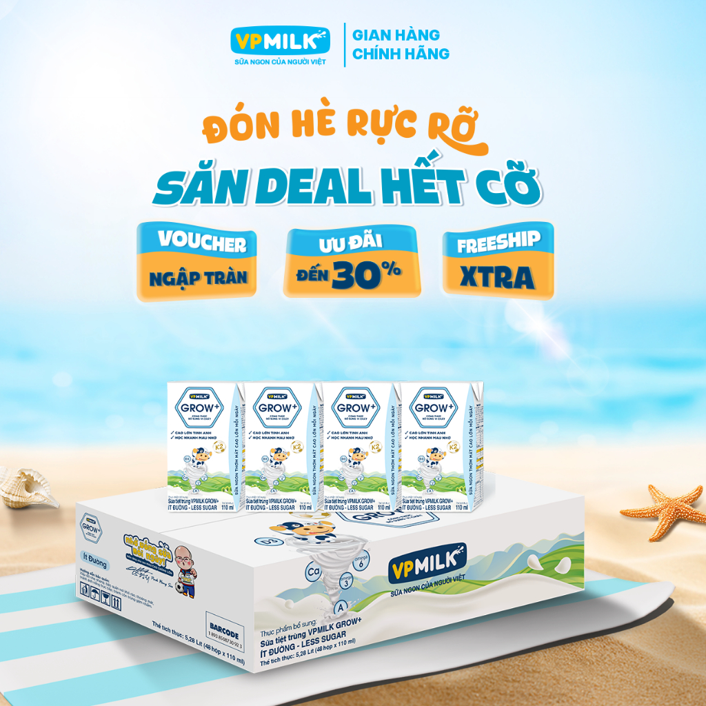 [Thùng 48 Hộp 110ml] Sữa Tiệt Trùng VPMilk Grow+ Ít Đường Cho Bé Từ 2 Tuổi
