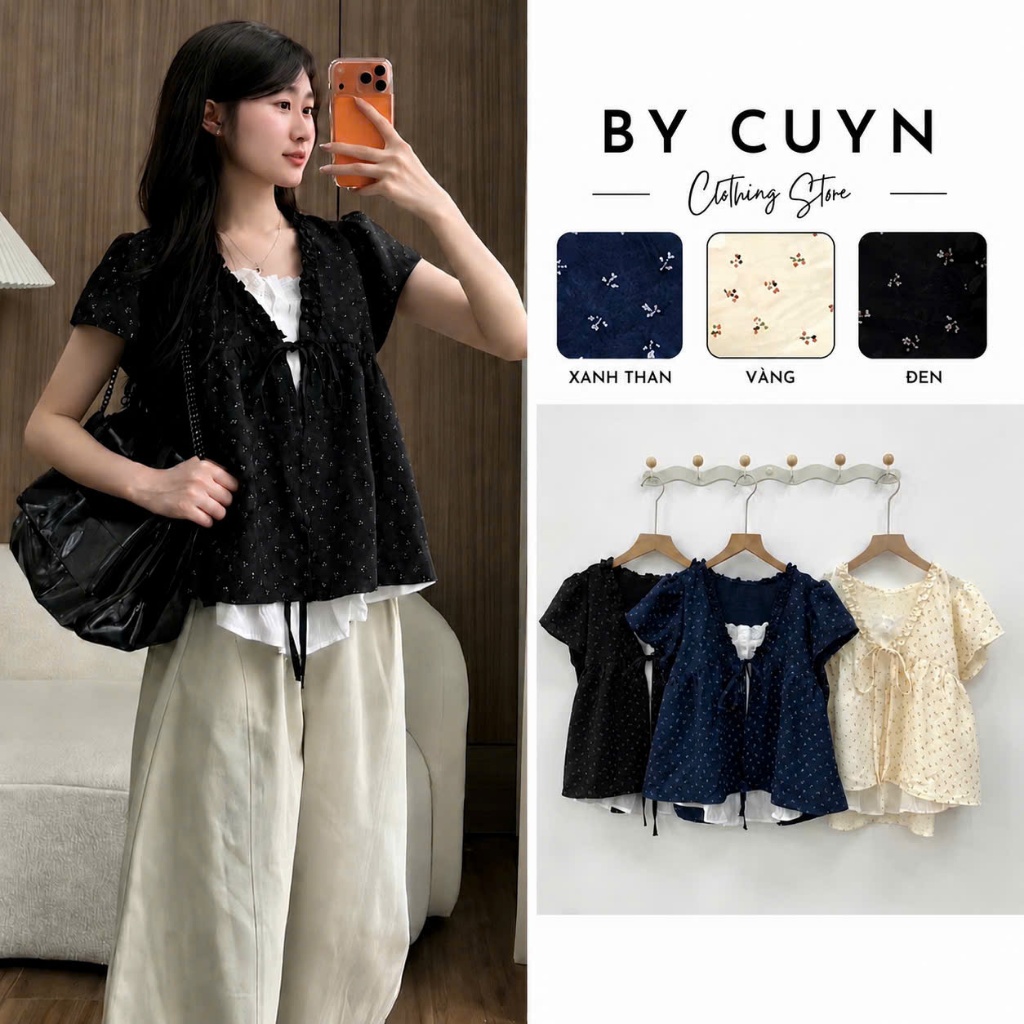 Áo Babydoll Viền Bèo Cộc Tay Họa Tiết Hoa Nhí Chất Đũi Mềm Mịn Phối Ren Trắng Thắt Nơ Dáng Xuông Xin
