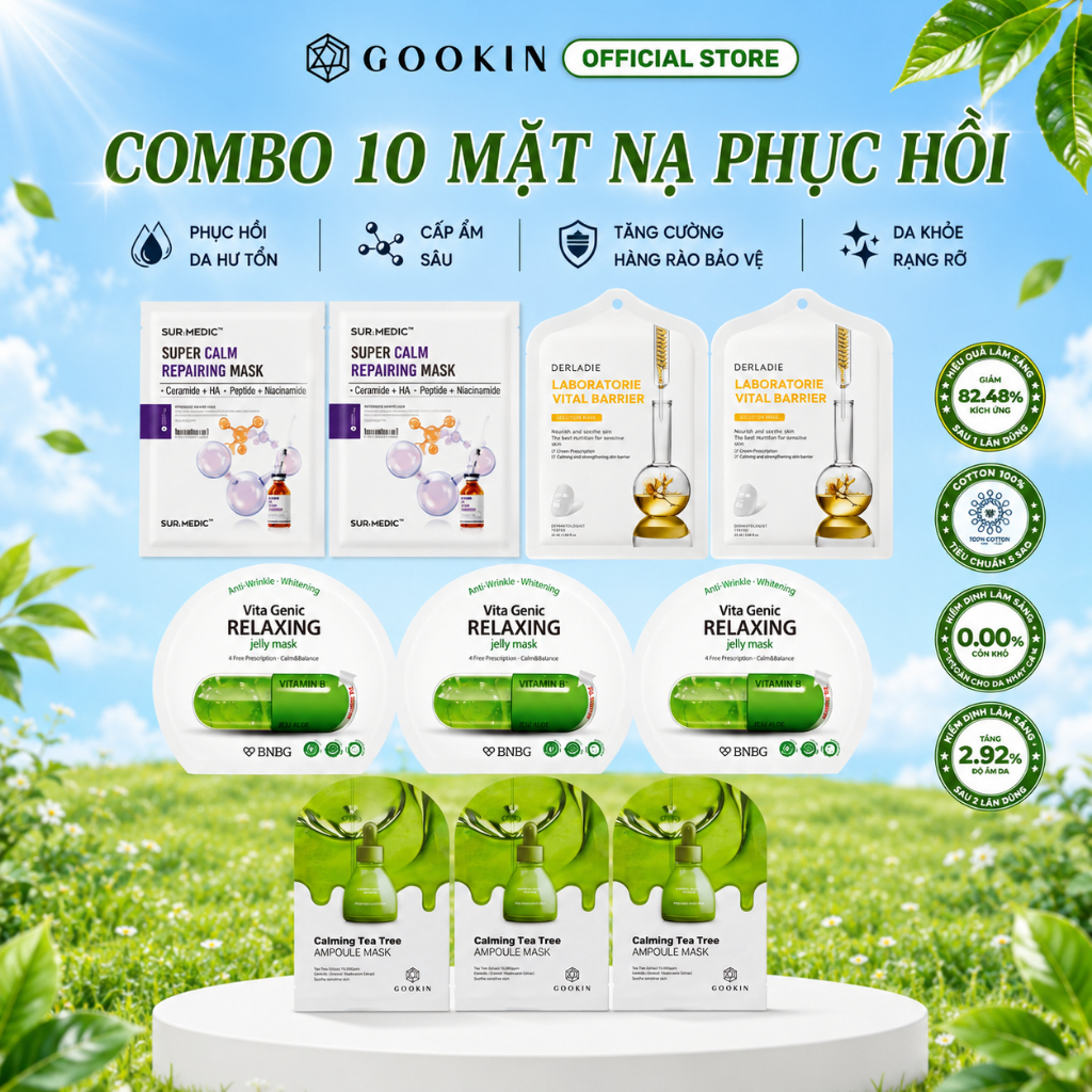 Combo 10 Mix Mặt nạ phục hồi SUR.MEDIC Tím x2+ Derladie Vàng x2+ Gookin Xanh lá x3+ BNBG Xanh lá x3
