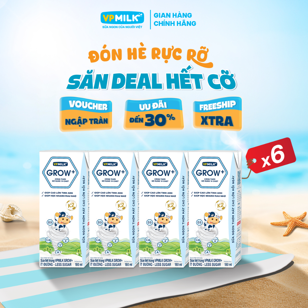 [6 Lốc 180ml] Sữa Tiệt Trùng VPMilk Grow+ Ít Đường