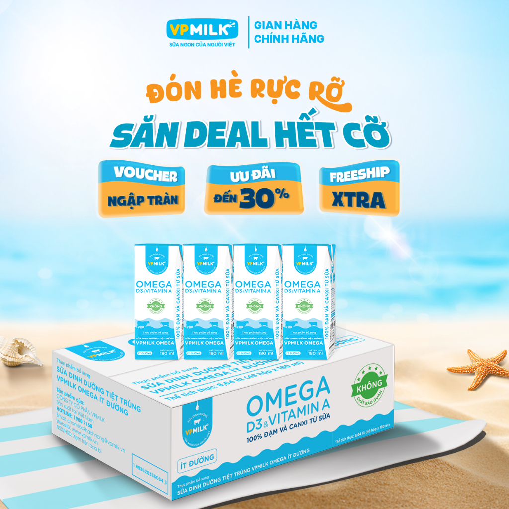 Sữa Dinh Dưỡng Tiệt Trùng VPMilk Omega Ít Đường dạng hộp 180ml (thùng 48 hộp)