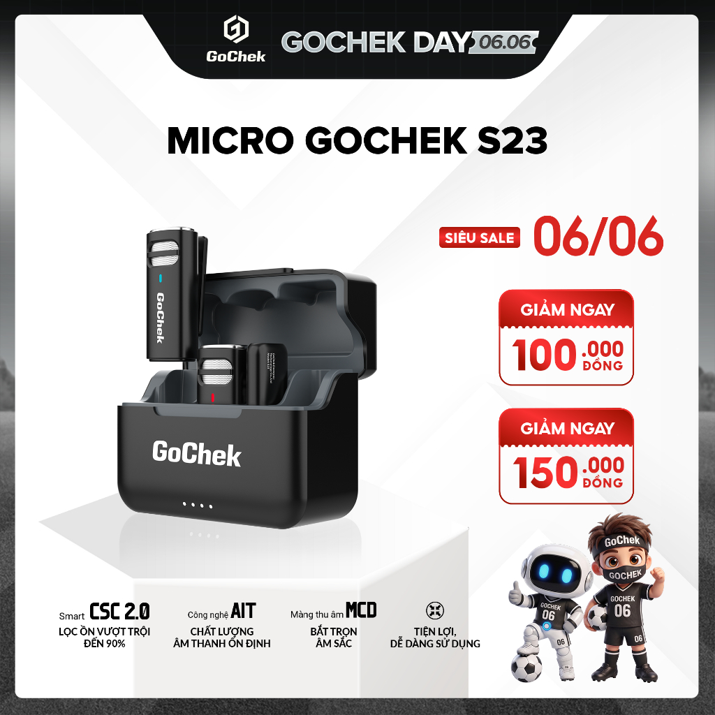Micro Thu Âm Không Dây GoChek S23 – Kèm Dock Sạc, Lọc Tạp Âm, Dùng Cho Điện Thoại/Máy Tính