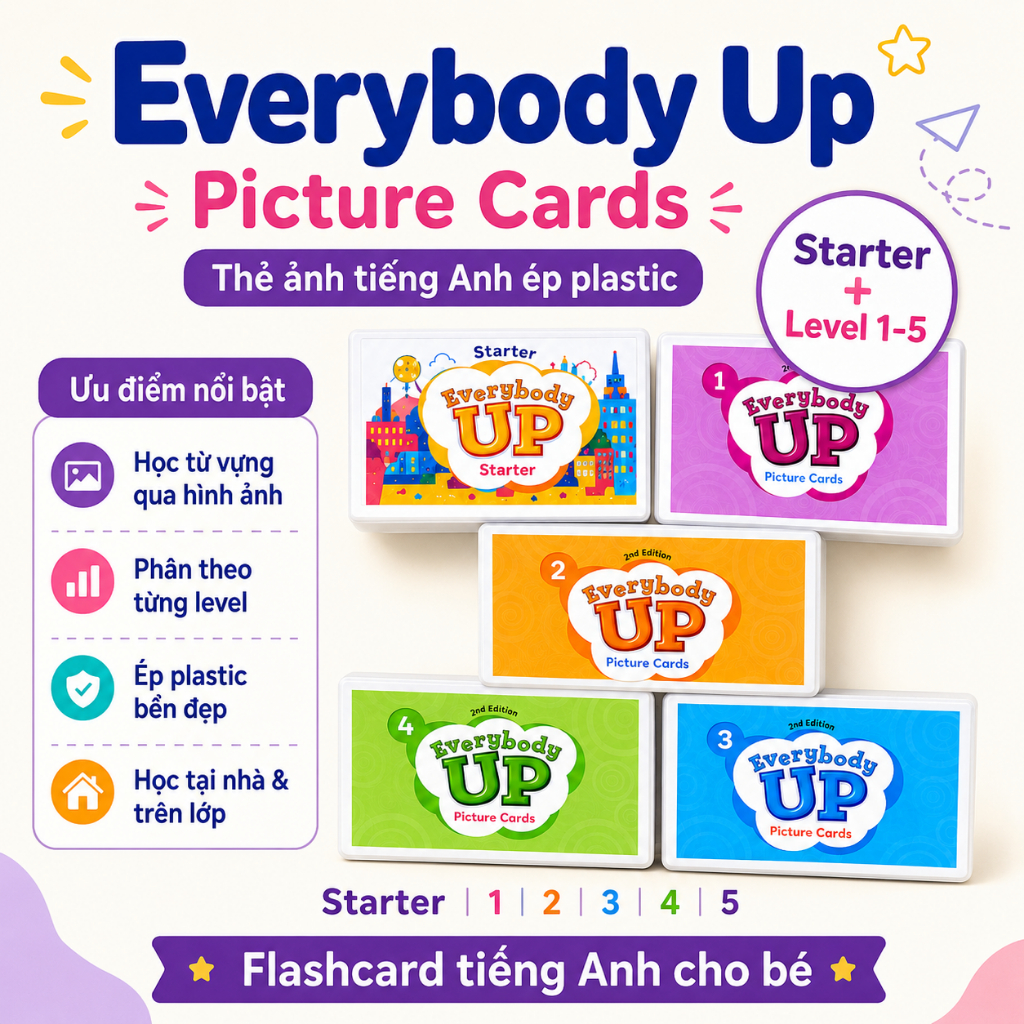 Thẻ Ảnh Flashcard Everybody Up Starter 1-5 Ép Plastic, Giáo Cụ Dạy Tiếng Anh Cho Bé