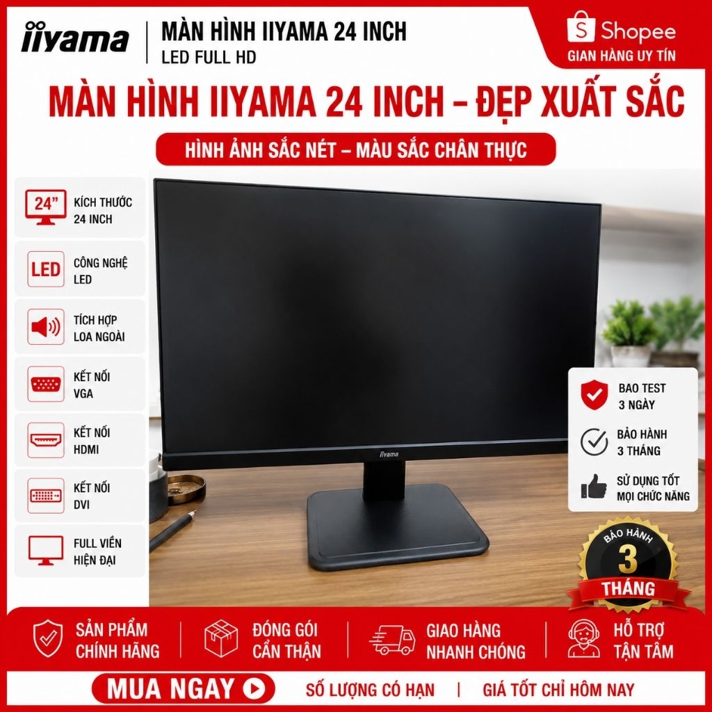Màn Hình Máy Tính Iiyama 24 Inch Full Viền LCD LED - Tích Hợp Loa Ngoài, Đủ Cổng HDMI VGA DVI, Đẹp