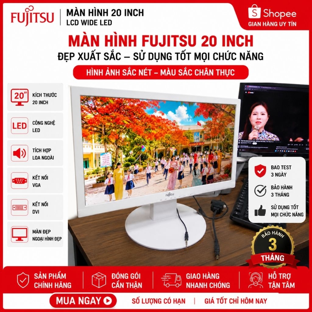 Màn Hình Fujitsu 20 Inch LED Cũ Giá Rẻ - Màn Đẹp Có Loa Ngoài, Kết Nối VGA/DVI, Bảo Hành 3 Tháng
