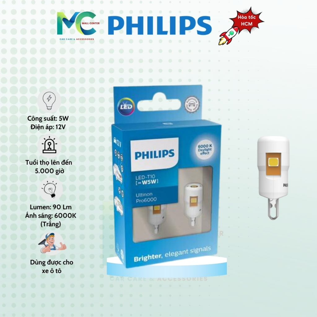 Philips - Bóng Đèn Tín Hiệu Xe Hơi T10 11961 CWU60 X2 - Trắng 12V 6000k ( Hàng Chính Hãng)