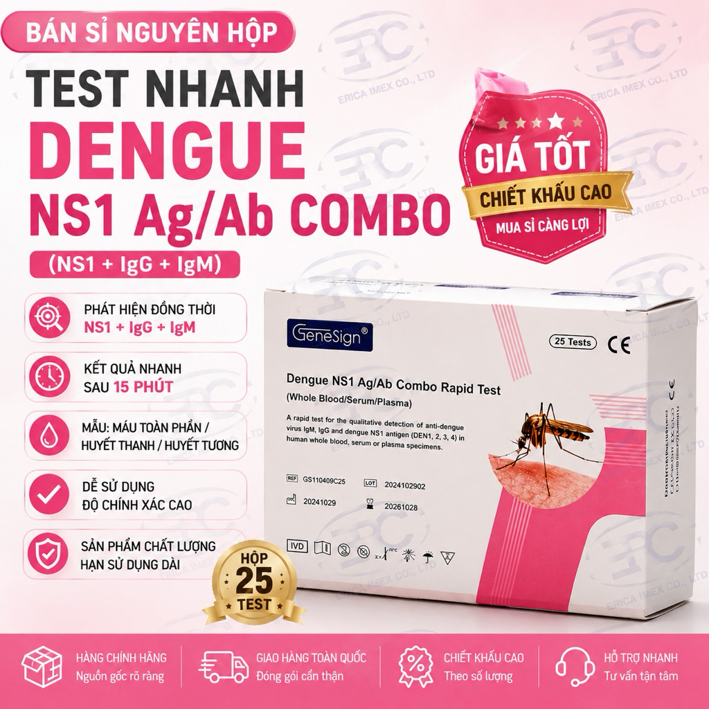 Test Nhanh Dengue NS1 Ag/Ab Combo GeneSign Hộp 25 Test | NS1 IgM IgG | Bán Sỉ Nguyên Hộp Giá Tốt