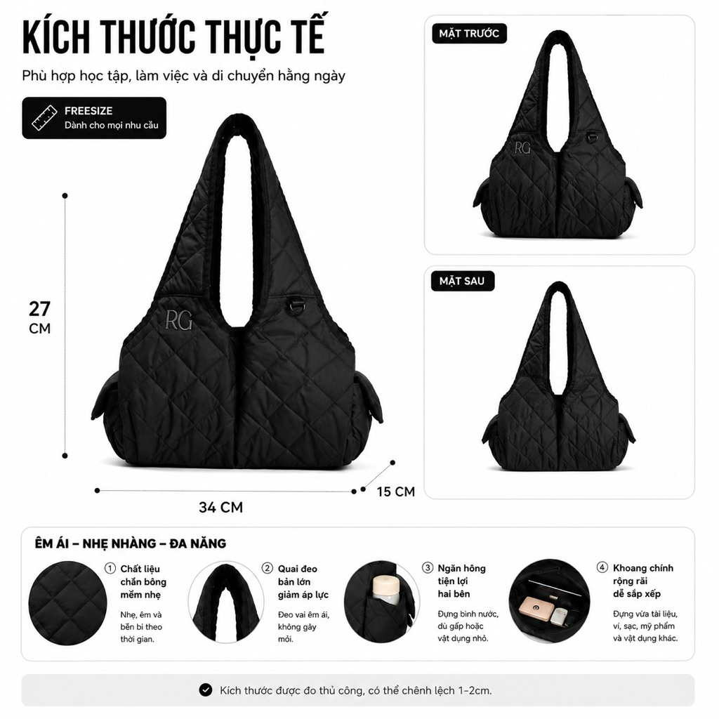 Túi Tote Phao Chần Bông REGODS Form To Nhiều Ngăn – Đựng iPad, Đi Học Đi Làm Tote Ribbon Regods [ TẶNG DÂY REN ] | BigBuy360 - bigbuy360.vn