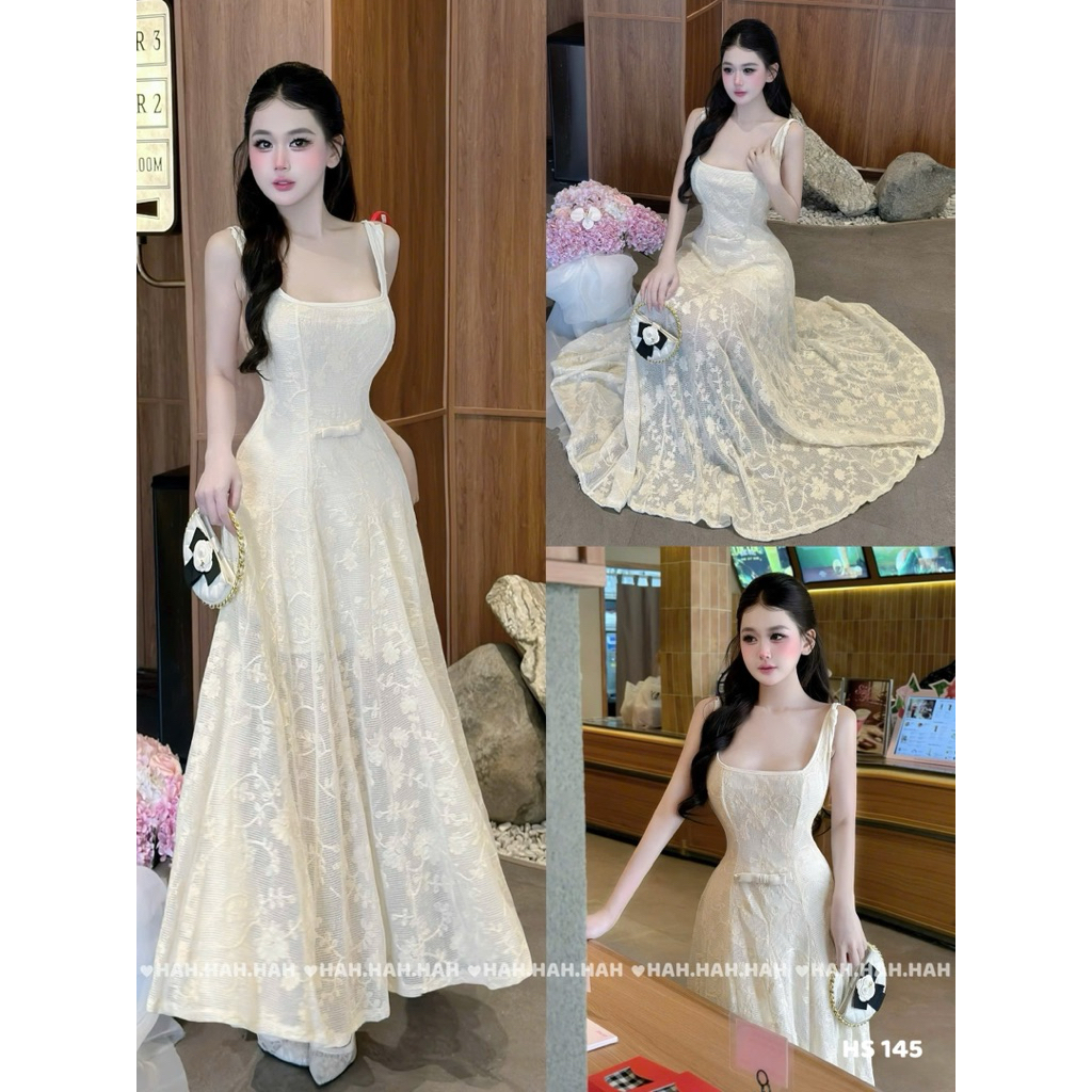 HS145 Đầm maxi hai dây ren hoa ép dáng xoè nơ eo nữ tính Đồ lót bảo hộ