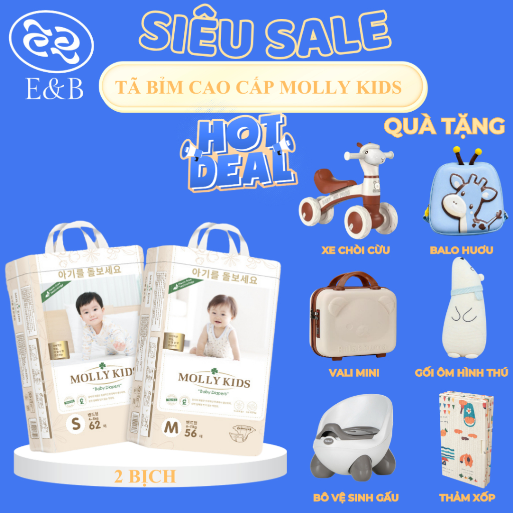 [CHÍNH HÃNG - 2 BỊCH ] Tã Bỉm MOLLY KIDS Nội Địa Hàn Quốc Dán/Quần Đủ Size, Mềm Mịn, Thấm Hút Nhanh,