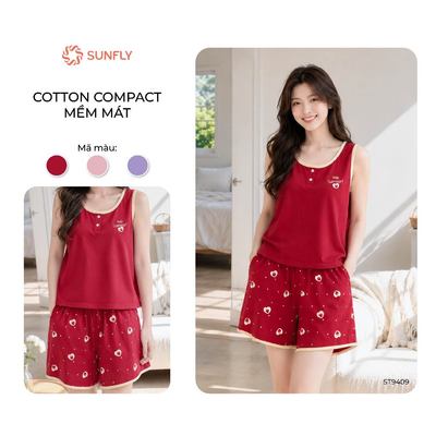 Đồ bộ mặc nhà nữ SUNFLY cotton compact  co dãn thoái mái áo sát nách quần sooc ST9409