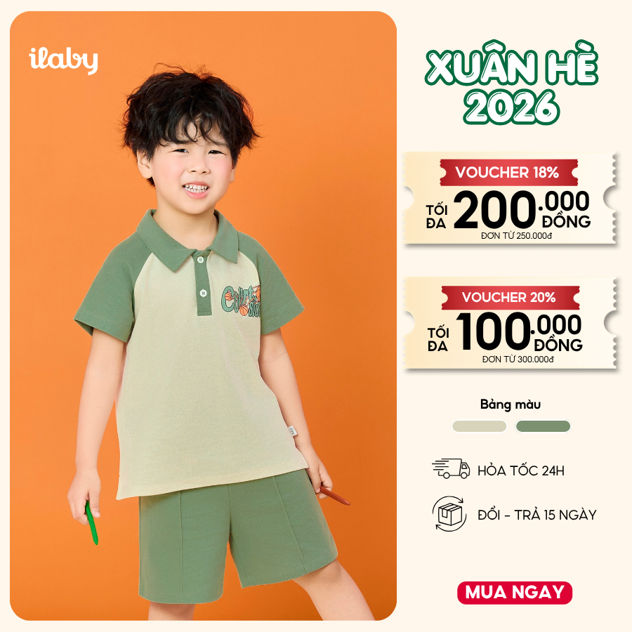 Set đồ bộ bé trai ILABY cổ Polo phối màu xanh be cá tính [3523]