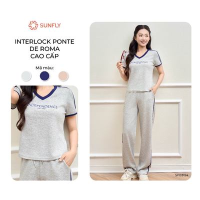 Set đồ nữ dạo phố áo cộc quần suông dài năng động ponte mềm mịn, đứng form, da dụng SUNFLY SFB3124