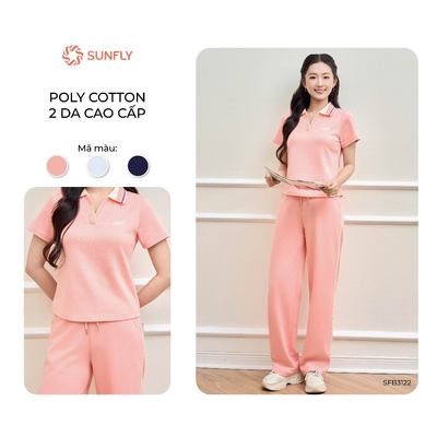 Set đồ nữ dạo phố áo cộc tay cổ zip quần suông dài trẻ trung poly cotton 2da đứng form, tôn dáng đa dụng SUNFLY SFB3122
