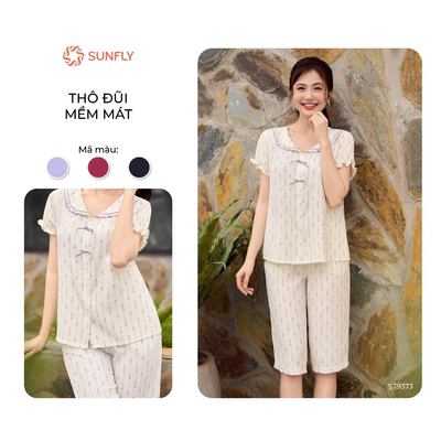 Bộ mặc nhà pijama nữ SUNFLY đũi mềm mát ht độc quyền áo cộc quần ngố ST9373