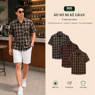 Áo Sơ Mi nam kẻ Gran MKCLEVER Chất kẻ lạnh Hàn mềm mịn, thoáng mát, chống nhăn, form rộng mặc hằng ngày
