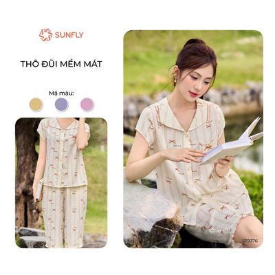 Bộ mặc nhà pijama nữ SUNFLY đũi lạnh họa tiết nơ xinh xắn áo cộc quần ngố ST9376