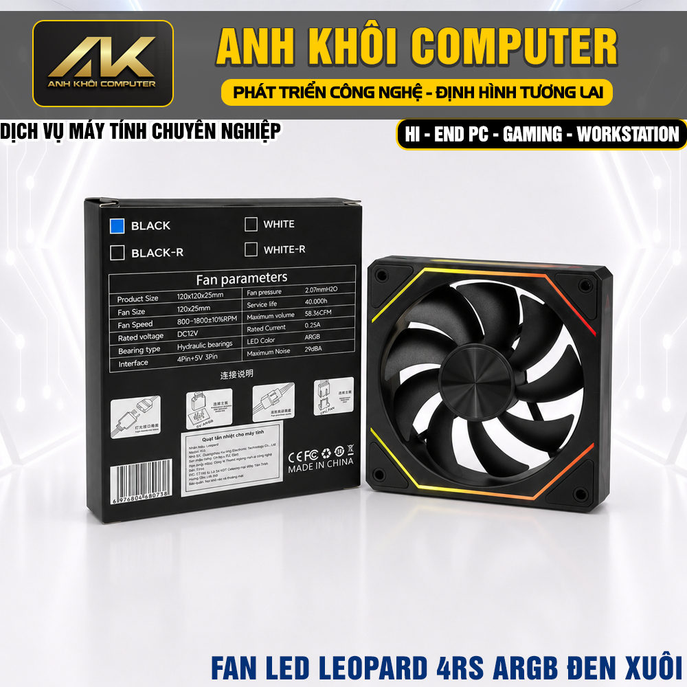 Fan Case Leopard 4RS ARGB Đen Xuôi Ngược 12CM PWM 1800RPM Đồng Bộ Mainboard
