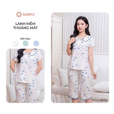 Đồ bộ mặc nhà nữ SUNFLY lanh họa tiết mềm mát áo cộc quần ngố ST9383