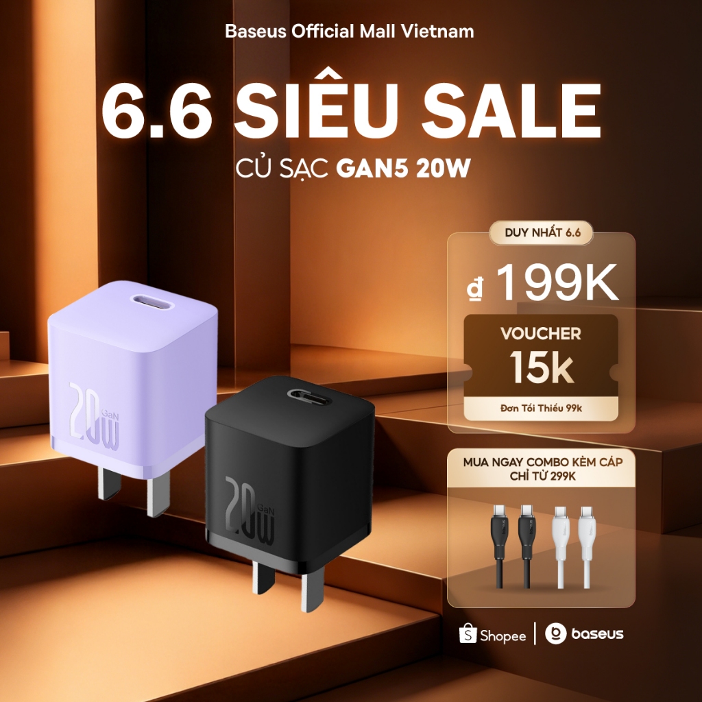 [Outlet S1] Củ Sạc Nhanh Baseus PD 20W GaN5 1C Type-C Cho điện thoại  và các loại máy tính bảng Pad