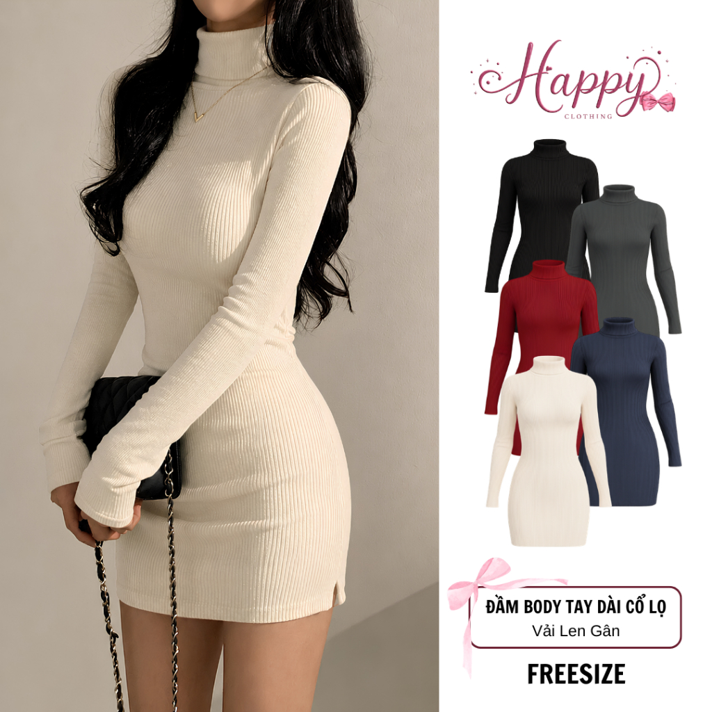 Váy Len Ôm Body Nữ Cổ Lọ Dáng Ngắn Dài Tay Chất Len Gân Co Giãn Mềm Mịn Thu Đông DB11 Happy Clothing