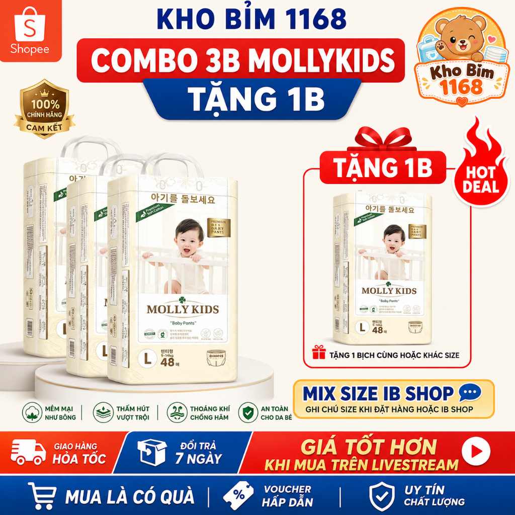 COMBO 3B MOLLY KIDS TẶNG 1B MOLLY KIDS Công Nghệ Hàn Quốc Dán/Quần Đủ Size S62>>4XL38