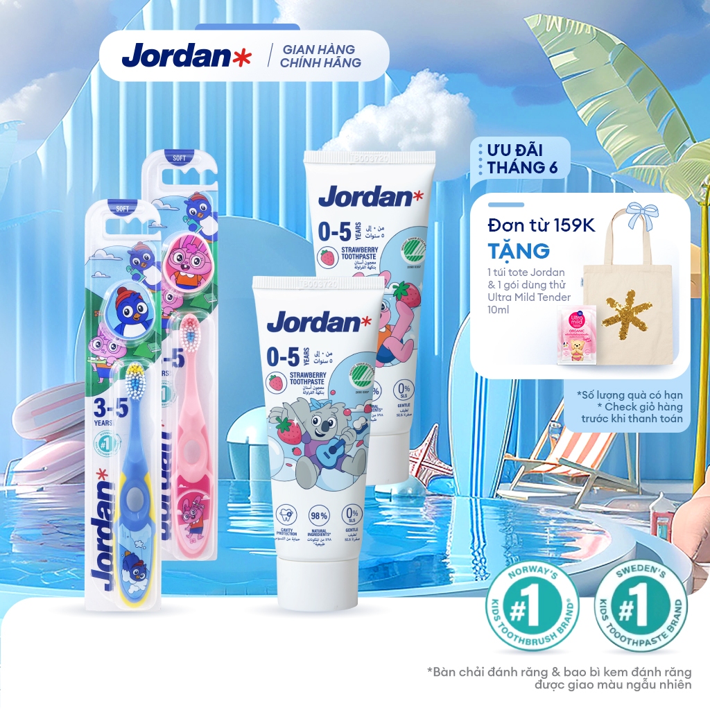 Bộ Jordan Step Baby : 2 bàn chải đánh răng trẻ em Jordan bước 2 + 2 Kem đánh răng vị dâu Jordan bước