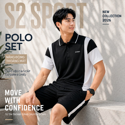 Bộ thể thao nam S2 SPORT cổ polo tay ngắn dệt, bộ quần áo nam vải cotton CVC khoẻ khoắn - BTT01