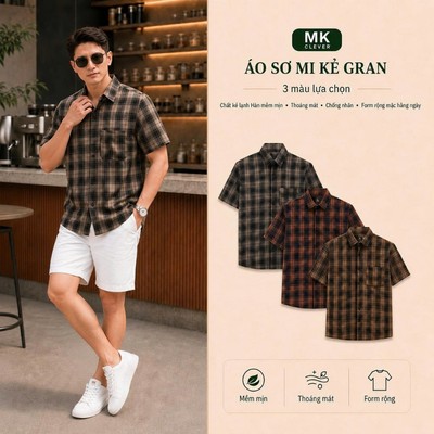 Áo Sơ Mi nam Gran MKCLEVER Chất kẻ lạnh Hàn mềm mịn, thoáng mát, chống nhăn, form rộng mặc hằng ngày