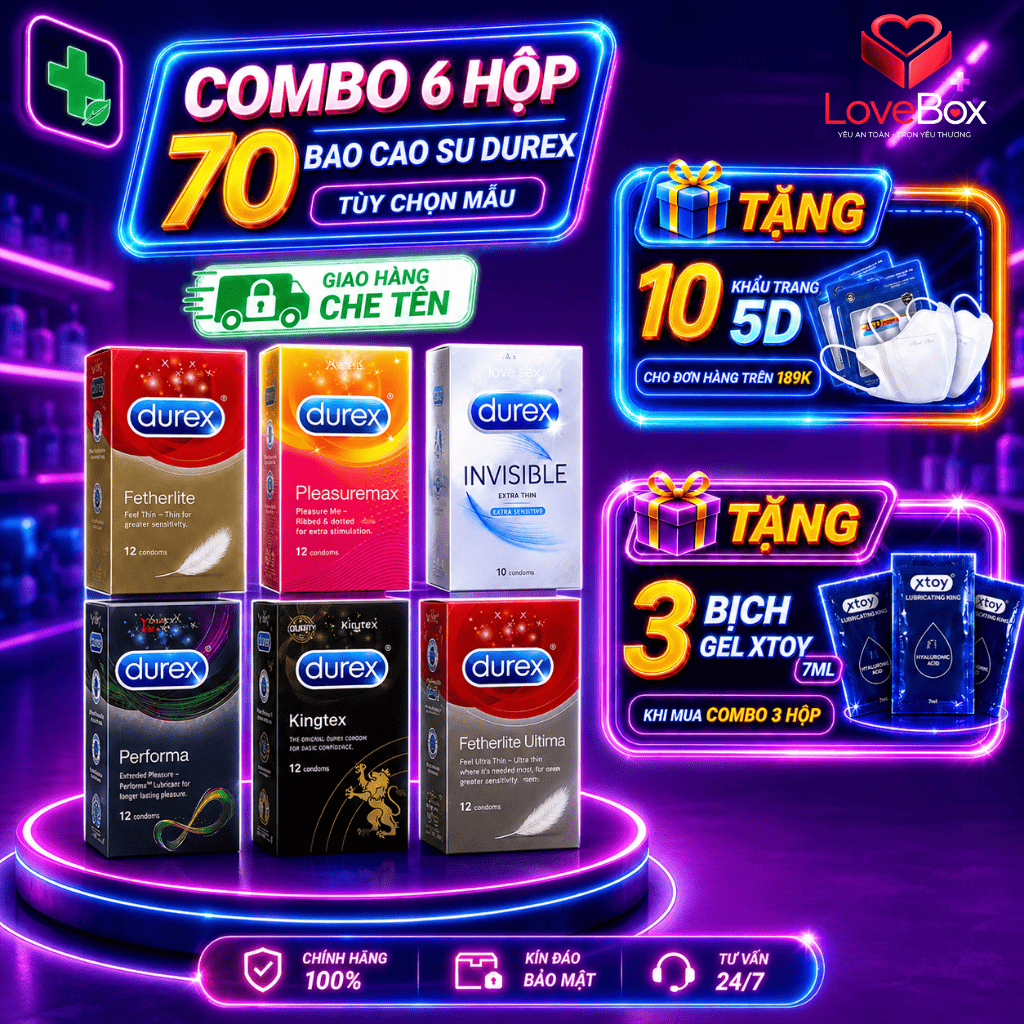 Combo Bao Cao Su bcs Durex Performa bền bỉ chậm xuất tinh, Invisible siêu mỏng gân gai PleasureMax, 