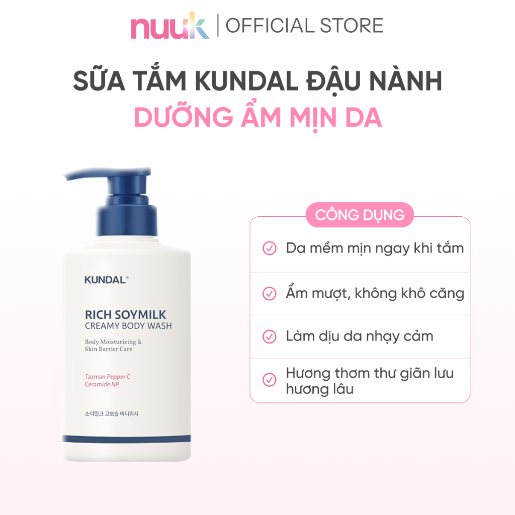Sữa Tắm Dưỡng Ẩm Mịn Da KUNDAL RICH SOYMILK, Sữa Tắm Hàn Quốc Dịu Nhẹ Trắng Da Chiết Xuất Đậu Nành