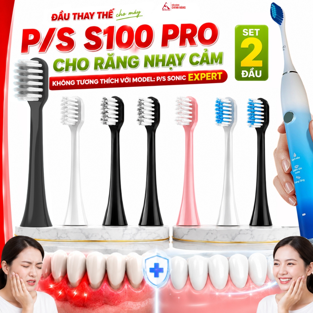 Đầu Bàn Chải cho P/S S100 Pro Sensitive PS Lông Mềm Cho Răng Nhạy Cảm Ê Buốt SET 2 Đầu Minh House