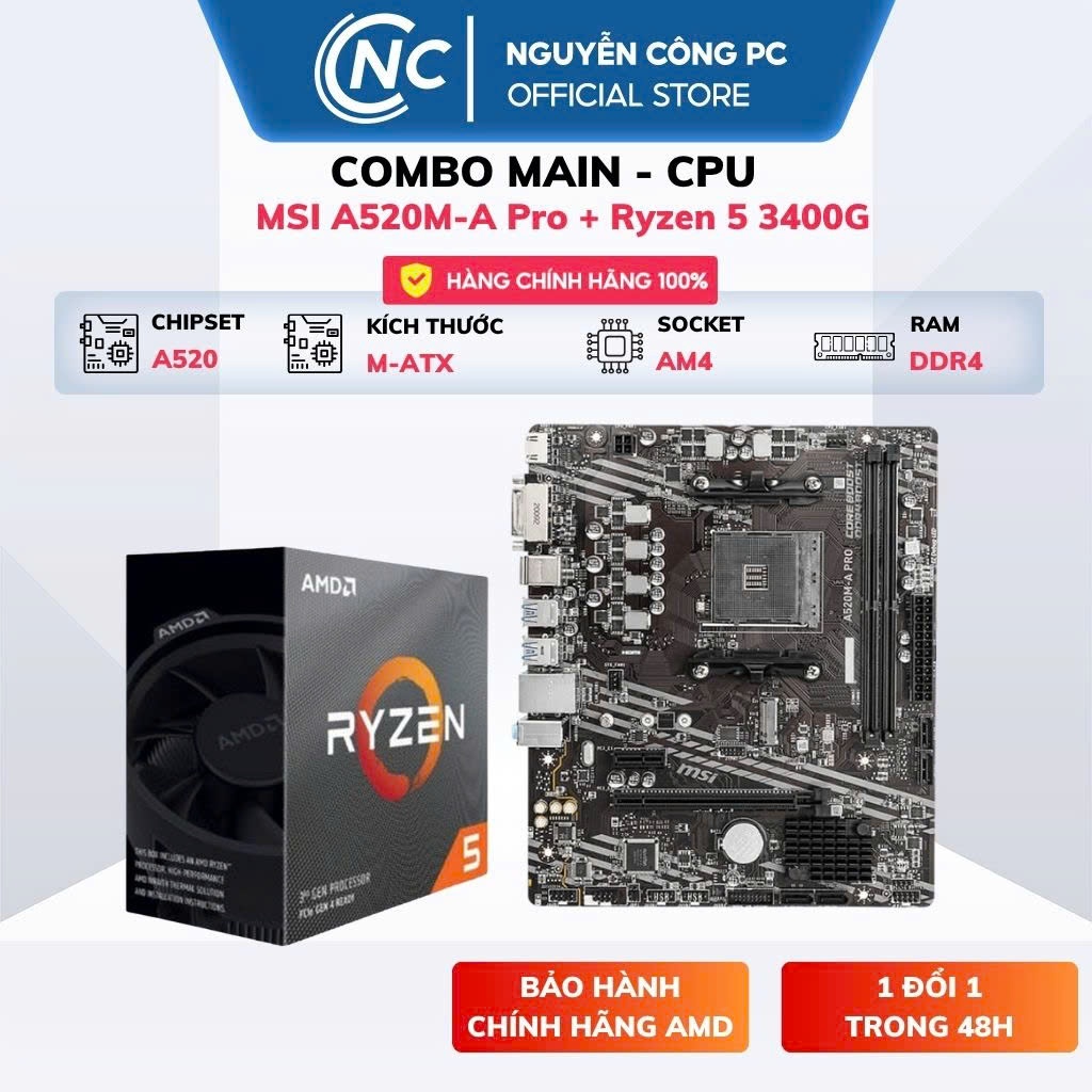 Combo CPU 3400G + Mainboard MSI A520M-A Pro - NEW - Bảo hành 36 tháng