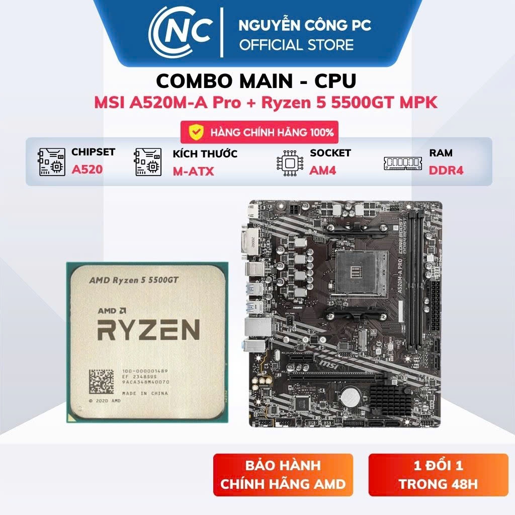 Combo CPU 5500GT MPK + Mainboard MSI A520M-A Pro - NEW - Bảo hành 36 tháng