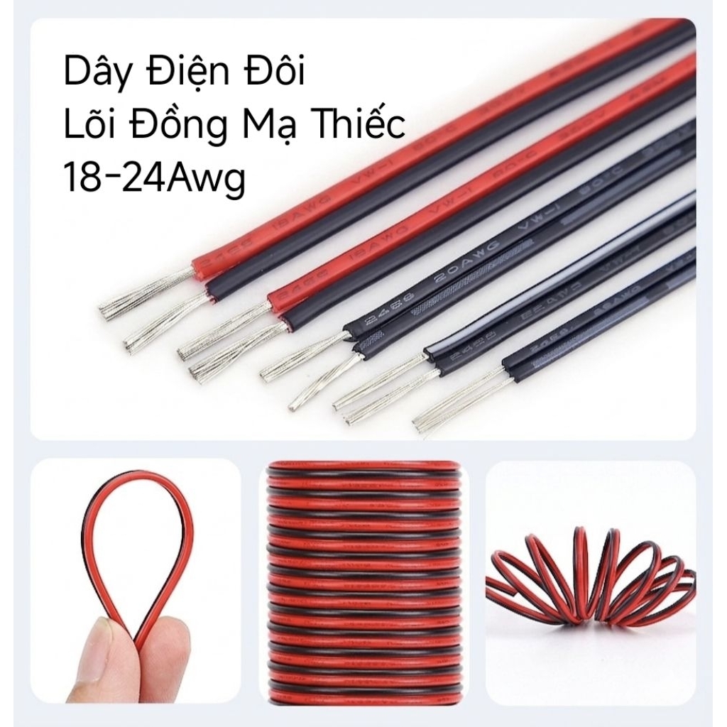 (2 mét) Dây Điện Đôi Đỏ Đen Awg Lõi Đồng Mạ Thiếc 16Awg 18Awg 20Awg 22Awg 24Awg Chịu Tải chống Cháy 