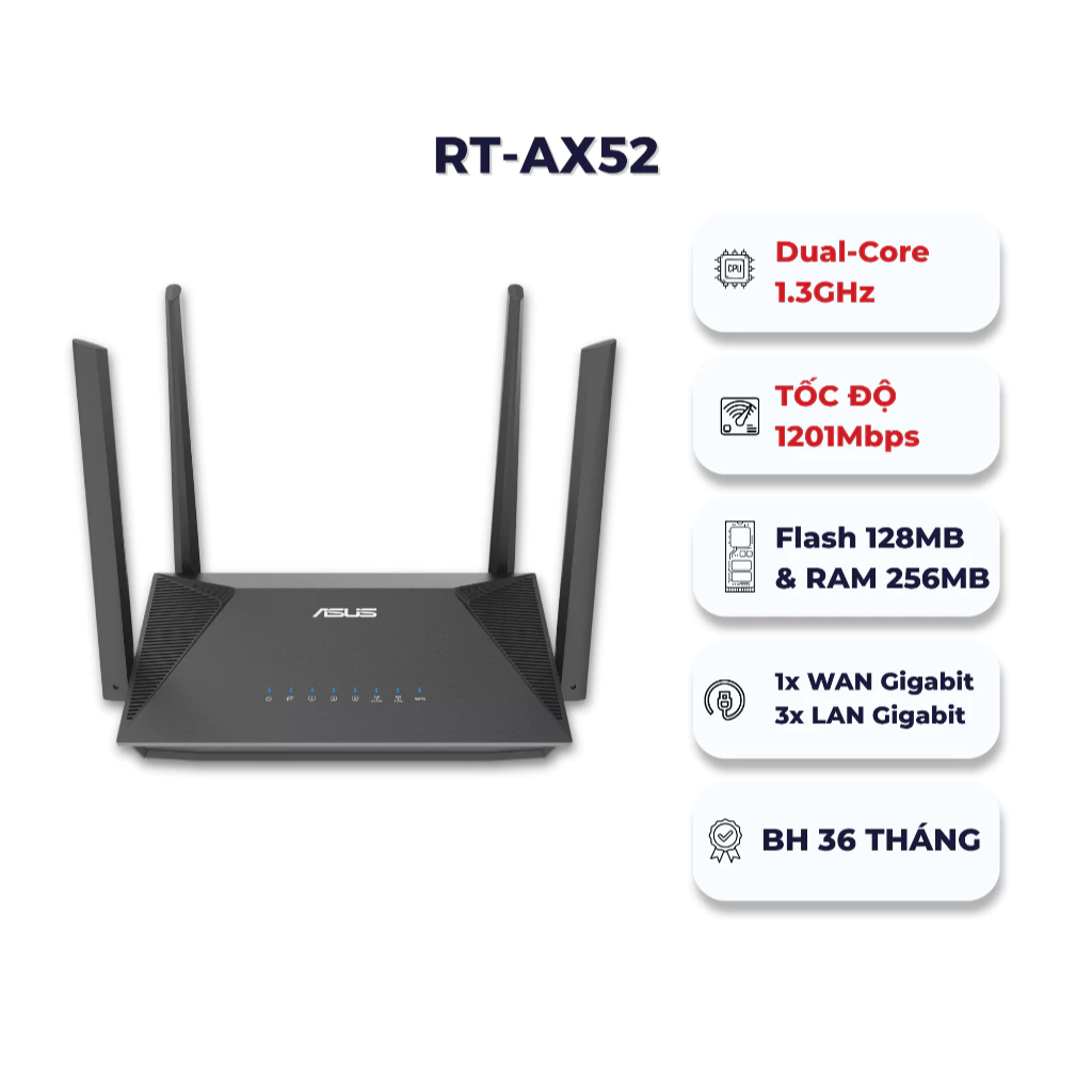 Bộ phát wifi ASUS RT-AX52 Chuẩn AX1800 | WiFi 6 Dual Band | 4 Ăng-ten | AiMesh - Hàng chính hãng