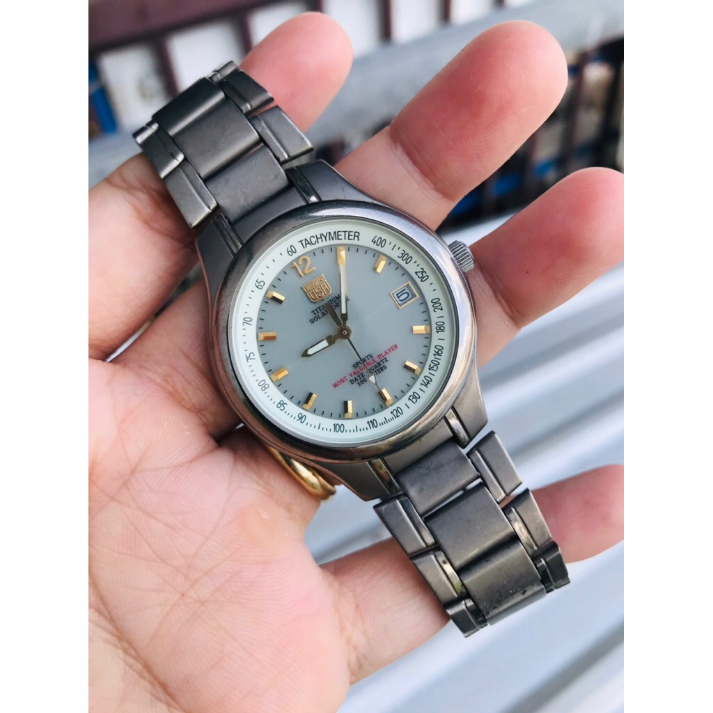 Đồng hồ nam si Nhật Elgin USA titanium pin năng lượng size 35mm mặt dạ quang