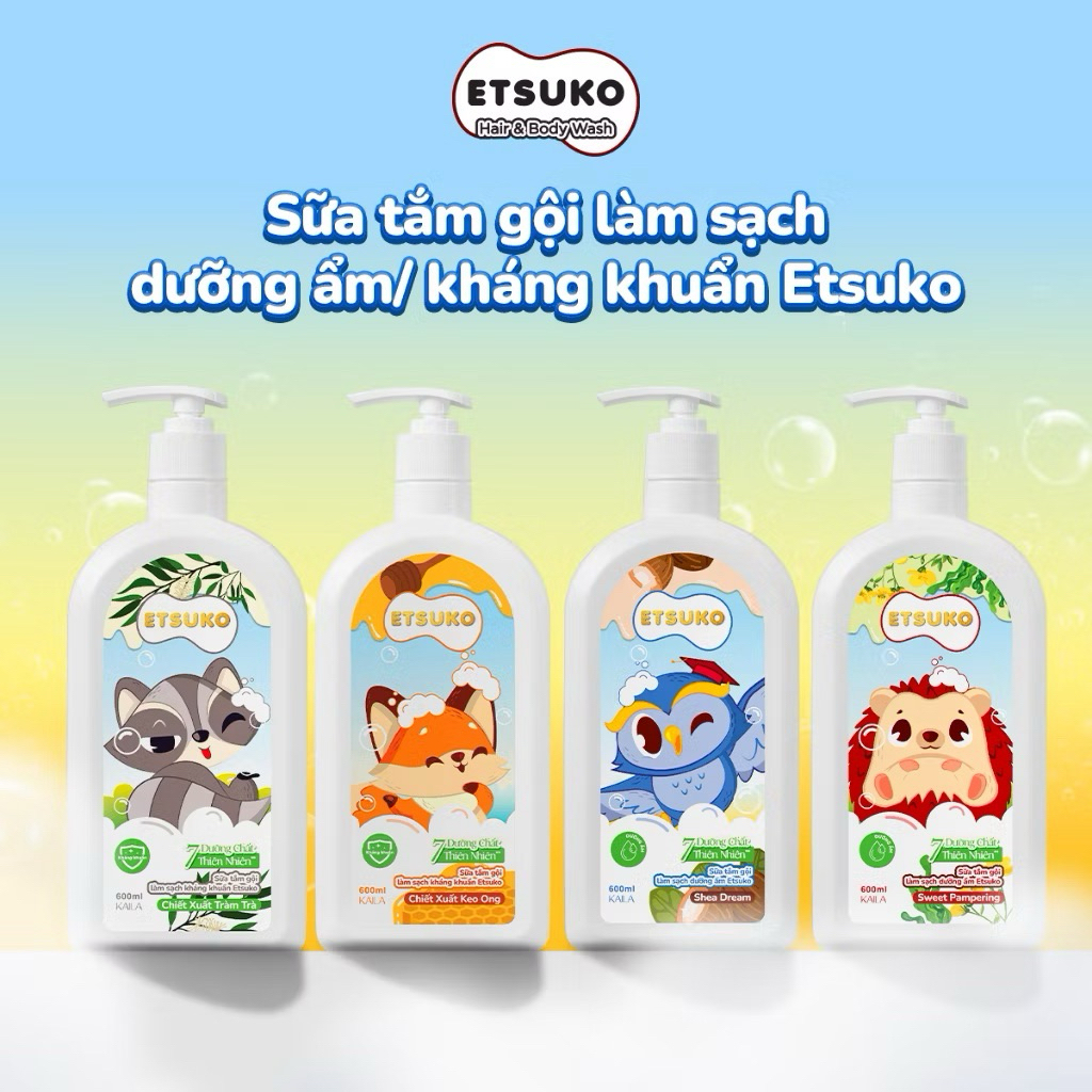 Sữa Tắm Gội Cho Bé Etsuko 2 Trong 1 - Làm Sạch, Dưỡng Ẩm & Kháng Khuẩn (600ml)