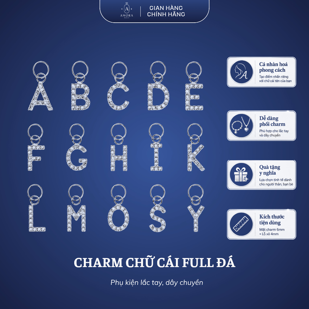 [LẺ 1 CHIẾC] Charm chữ cái AMORA charm chữ cái mix lắc tay vòng tay bạc ta AMORA JEWELRY LC01