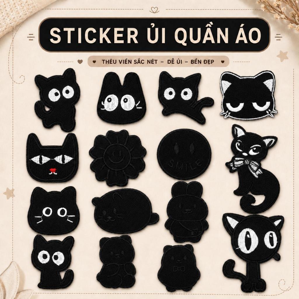 Miếng vá thêu áo rách màu đen, sticker thêu vải, patch ủi Hình Mèo Thỏ Gấu Dễ Thương Black BOO STORE