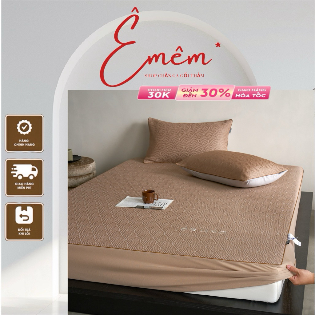 Ga Băng Lạnh thêu Hàn Quốc 3 món - Ga Nệm Mát Lạnh Tức Thì,ga 1 lớp bo chun bao bọc nệm