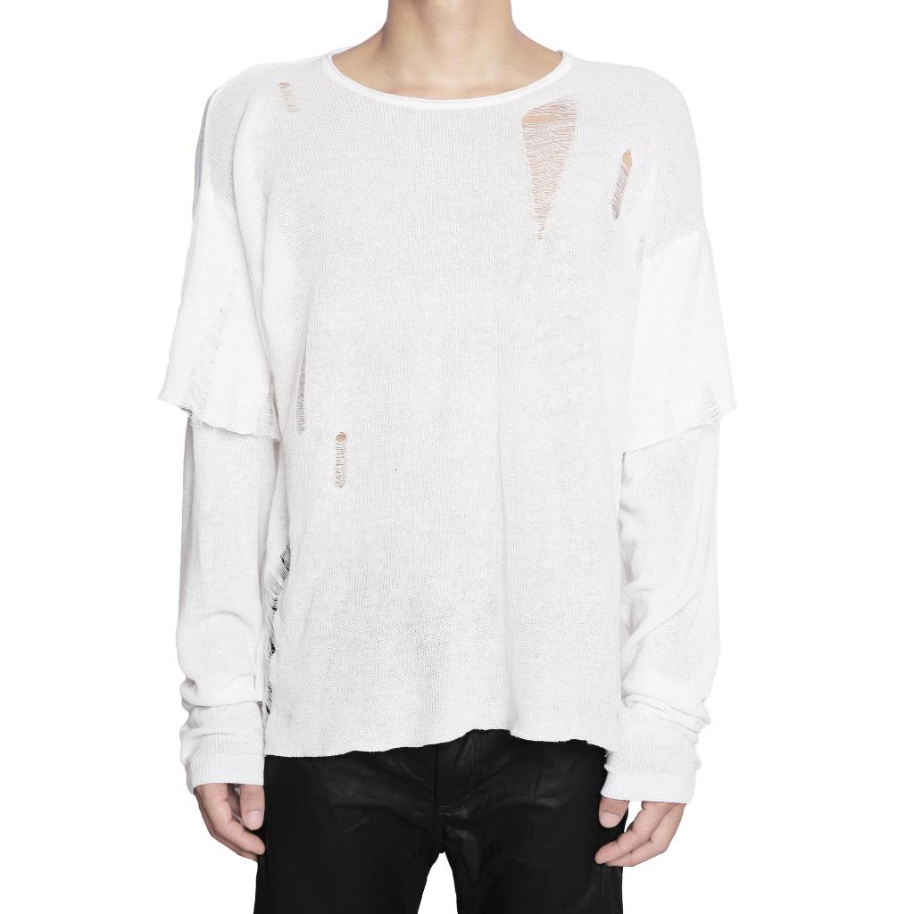 Áo len "KNIT DISTRESSED WHITE DOUBLE SLEEVES" form cropped màu trắng