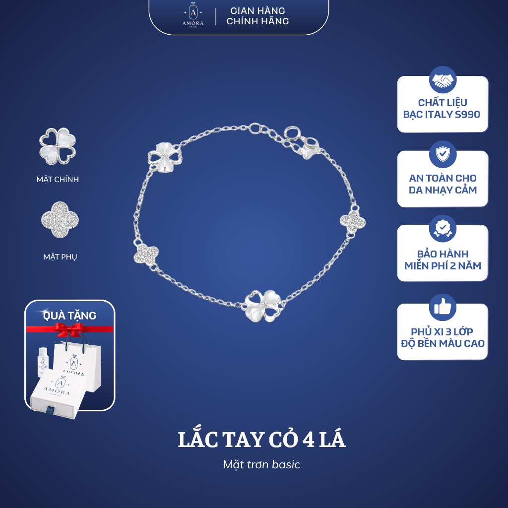 Lắc tay nữ cỏ 4 lá Lucky AMORA thiết kế mặt đá nổi mã não mặt khuyết bạc ta AMORA JEWELRY LT004