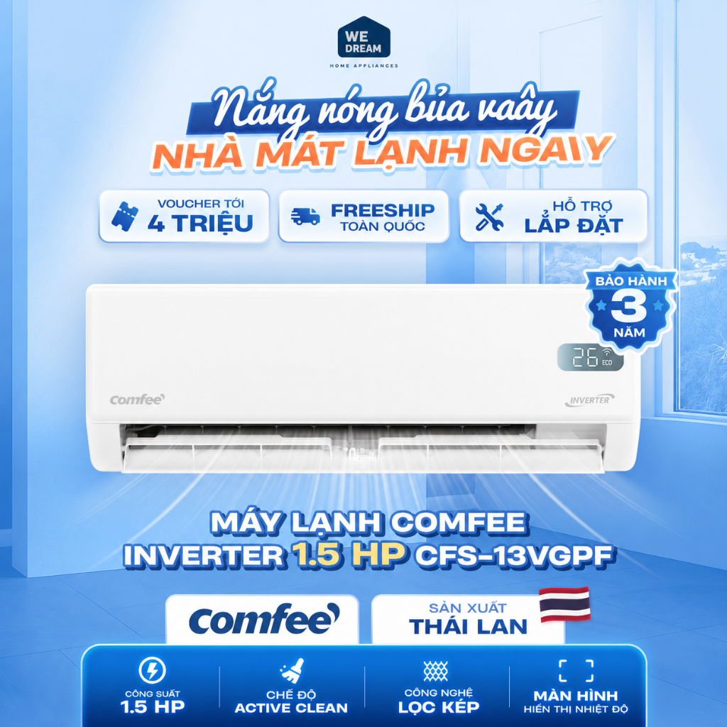 Máy Lạnh Comfee Inverter 1.5 HP CFS-13VGPF | Kết Nối Wifi AI Cool | Hàng Chính Hãng