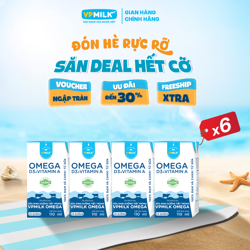 [6 Lốc 110ml] Sữa Dinh Dưỡng Tiệt Trùng VPMilk Omega CÓ ĐƯỜNG dạng HỘP ( 4 hộp x 6)