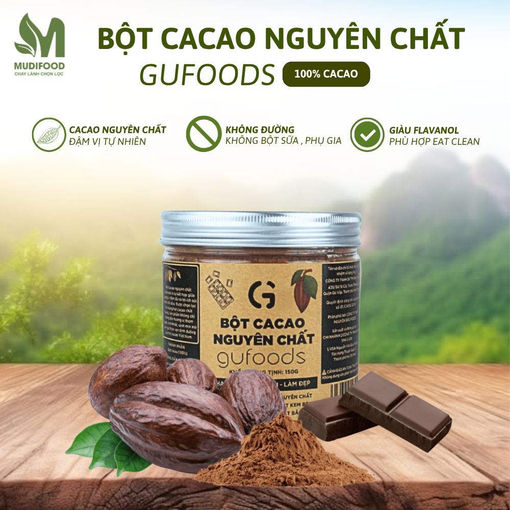 Bột Cacao Nguyên Chất GUfoods 150g, 100% Cacao Không Đường Giàu Flavanol Pha Chế Làm Bánh
