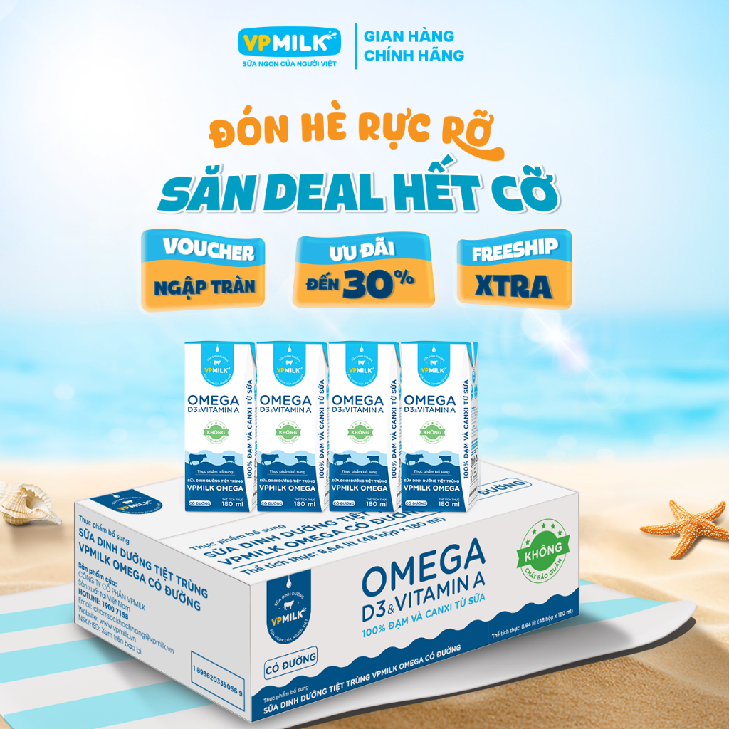 Sữa Dinh Dưỡng Tiệt Trùng VPMilk Omega Có Đường dạng hộp 180ml (thùng 48 hộp)