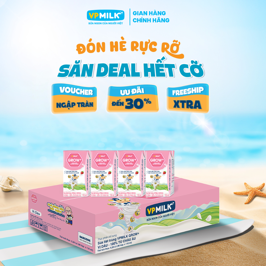 [Thùng 48 Hộp 110ml] Sữa Tiệt Trùng VPMilk Grow+ Vị Dâu Cho Bé Từ 1 Tuổi