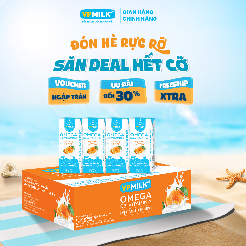 Sữa trái cây VPMILK Omega vị CAM tự nhiên hộp 180ml (Thùng 48 hộp)