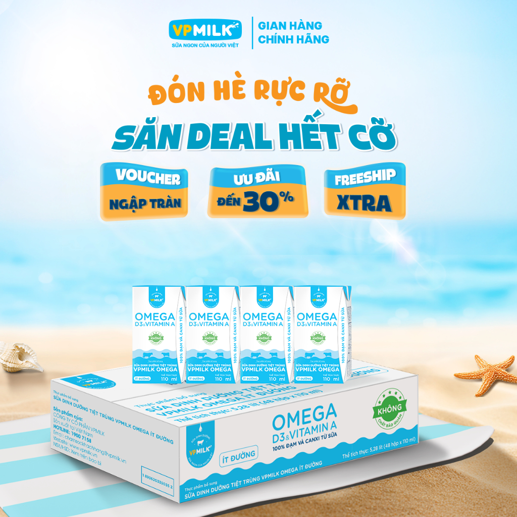 Sữa Dinh Dưỡng Tiệt Trùng VPMilk Omega Ít Đường dạng hộp 110ml (thùng 48 hộp)